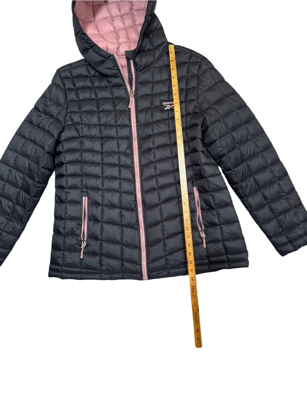 Reebok Lightweight Quilted Hooded Puffer Jacket Charcoal Pink Full Zip XL Coat - Picture 4 of 10